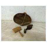 Vintage Pulley, Hand Brush, and Woven Basket