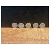 Five 1964 Roosevelt Dimes, 90% Silver