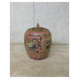 Pink Ceramic Lidded Jar with Handpainted Motifs