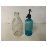 Blue Glass Seltzer Bottle and Clear Glass Bottle