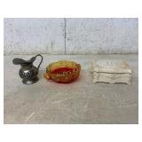 Ceramic Box, Amber Glass Dish, and Metal Pitcher