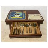 Wooden Flatware Chest with Wm. Rogers Flatware