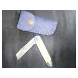 Damascus Folding Knife with Leather Sheath