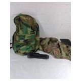 Camouflage Backpack, Shirt, and Flashlight