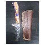 Damascus Sheepsfoot Knife with Leather Sheath
