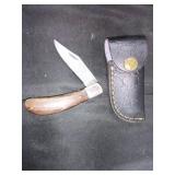 Folding Damascus Knife with Leather Sheath