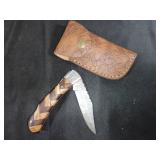 Damascus Folding Knife with Leather Sheath