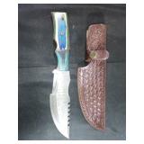 Damascus Bowie Knife with Leather Sheath