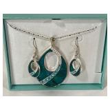 Silver Tone Teardrop Jewelry Set with Blue Accents