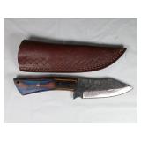 Damascus Drop Point Knife with Leather Sheath
