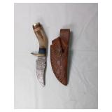 Damascus Bone Handle Knife with Leather Sheath