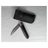 Damascus Folding Knife with Leather Sheath