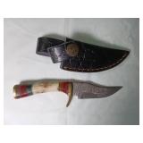 Damascus Steel Knife with Bone Handle and Sheath