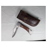 Damascus Folding Knife with Leather Sheath