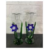 Green and Clear Glass Vases with Floral Motif
