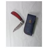 Damascus Folding Knife with Leather Sheath