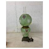 Green Milk Glass Hurricane Lamp with Floral Design