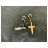 Two Keychains: Knife Tool and Wooden Cross