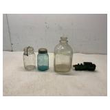 Mason Jars, Glass Jug, and Glass Train Bottle