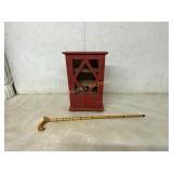 Red Wood Display Cabinet and Wood Cane
