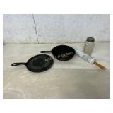 Cast Iron Pans, Marble Rolling Pin, and Glass Jar