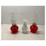 2Â Red Glass Oil Lamps with Vase