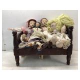 Wooden Doll Bed with Assorted Dolls