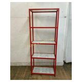 Red Metal Shelving Unit with Patterned Shelves