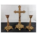 Bronze Cross and Matching Candlestick Holders