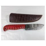 Damascus Steel Knife with Red Handle and Leather S
