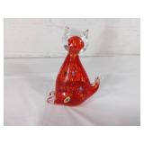 Red Glass Cat Figurine with Millefiori Accents