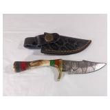 Damascus Knife with Bone Handle and Leather Sheath