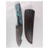 Damascus Gut Hook Knife with Leather Sheath
