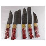 Damascus Butcher Knife Set with Red Handles