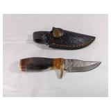Damascus Knife with Bone Handle and Sheath