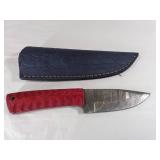 Damascus Steel Knife With Red Handle and Leather S