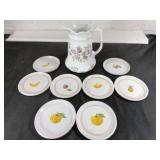 Ceramic Pitcher and Fruit-Motif Plates
