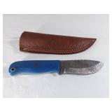 Damascus Steel Knife with Blue Handle and Sheath