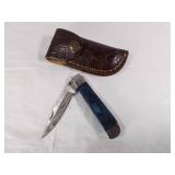 Folding Knife with Blue Handle and Leather Sheath