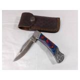 Damascus Folding Lock Blade Knife with Sheath