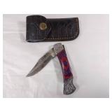 Damascus Steel Folding Knife with Leather Sheath