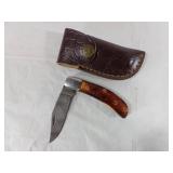 Damascus Folding Knife with Leather Sheath