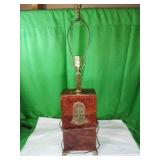 Wood and Brass Table Lamp with Basketweave Design