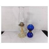 Two Glass Oil Lamps with Clear and Blue Designs
