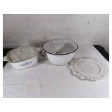 Corning Ware Dish, Enamel Pot, and Milk Glass Plat