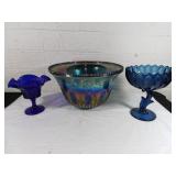 Carnival Glass Bowl and Blue Glass Compotes