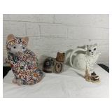 Three Ceramic Cat Figurines and One Candleholder