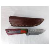 Damascus Steel Fixed Blade Knife with Leather Shea