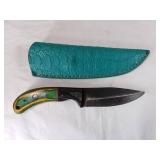 Damascus Steel Knife with Green Handle and Sheath