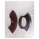 Damascus Rocker Blade Knife with Leather Sheath